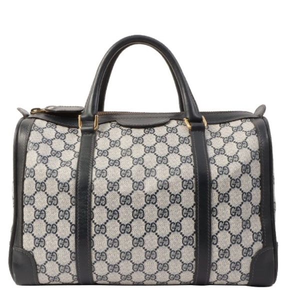 Authentic Gucci Vintage Canvas Gg Pattern Boston Bag Navy Blue/Beige - Picture 3 of 12